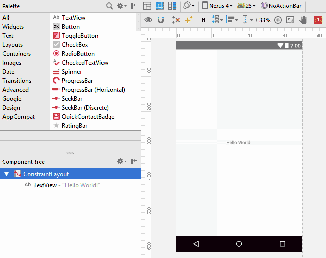 Design view in Android Studio showing a layout with no Action Bar