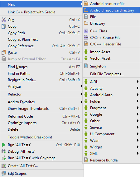 Menu for the Android resource directory item