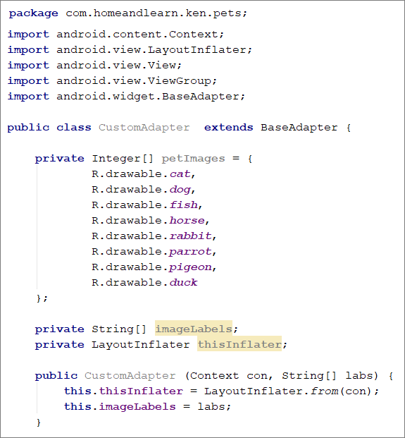 Java code setting up a custom adapter for an Android GridView