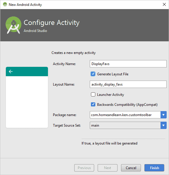 Dialogue box to create a new Android Activity