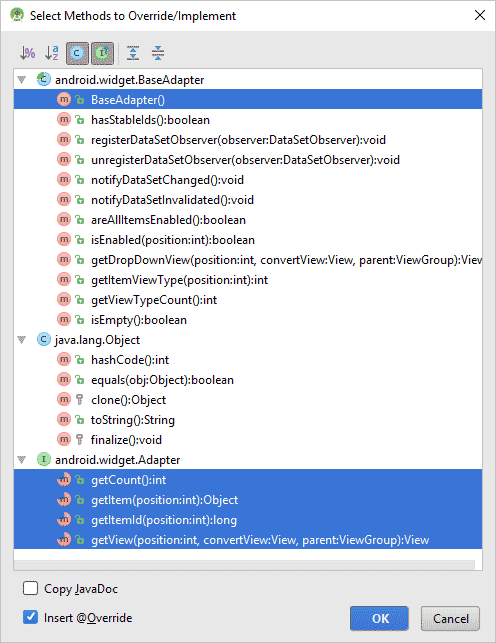 Dialogue box to override methods in Android Studio