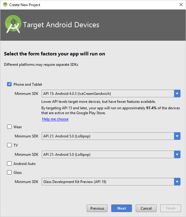 new_project_db4 The Target Android Devices screen