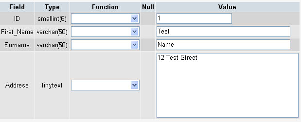 mysql18-1 Values entered into the fields