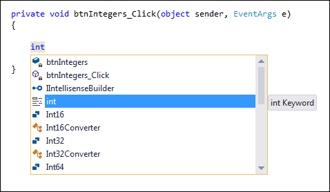 int_code_1 IntelliSense list showing a C# int variable selected