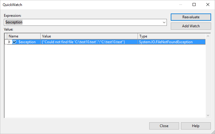 error_file_not_found3 QuickWatch dialogue box, Visual Studio 2017