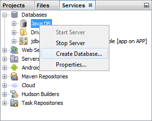 services_database_item4 Menu showing the Create Database item